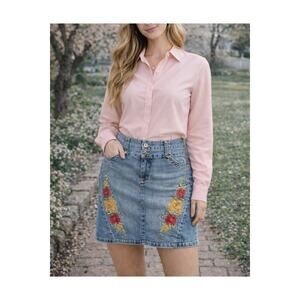 Baby Phat Y2K Denim Mini Skirt Size 16 Floral Embroidered Rhinestone Cat Logo